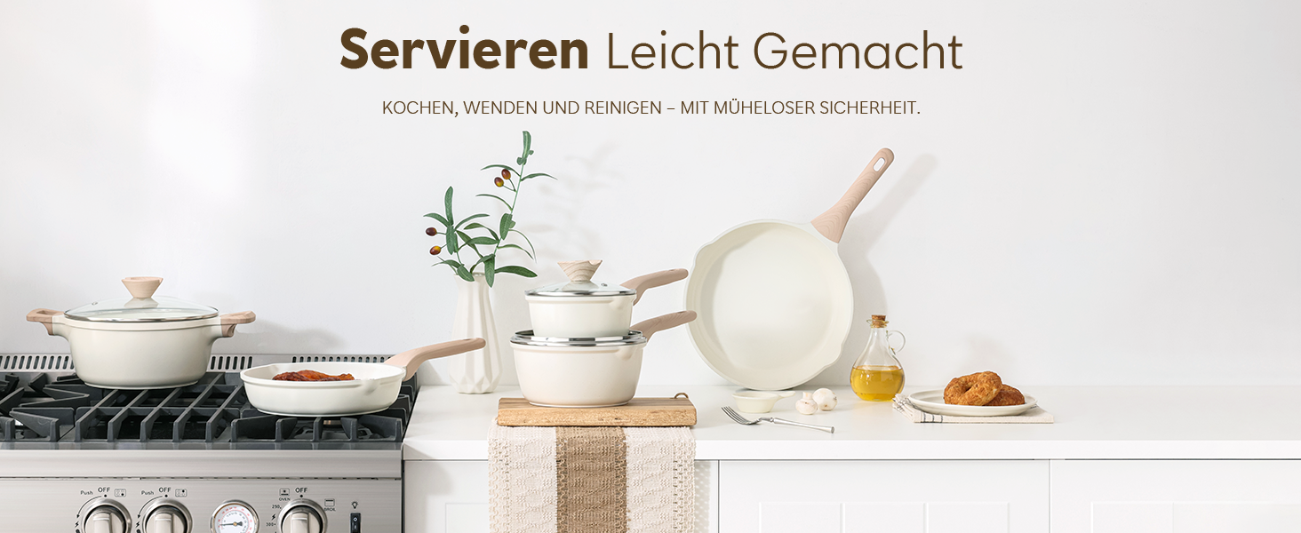 Набір посуду Kordisen з антипригарним покриттям, 5 предметів: каструлі та сковороди, кераміка, білий. Підходить для індукційних плит, без PFOA та PFAS