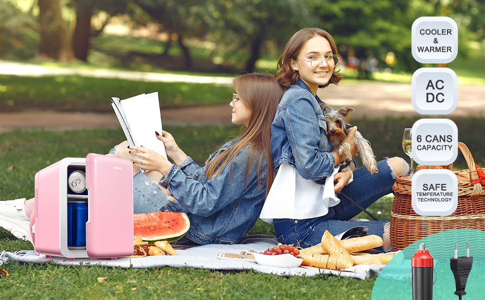 Портативний міні-холодильник 6л/9 банок: охолодження та підігрів для косметики, напоїв, їжі. Рожевий