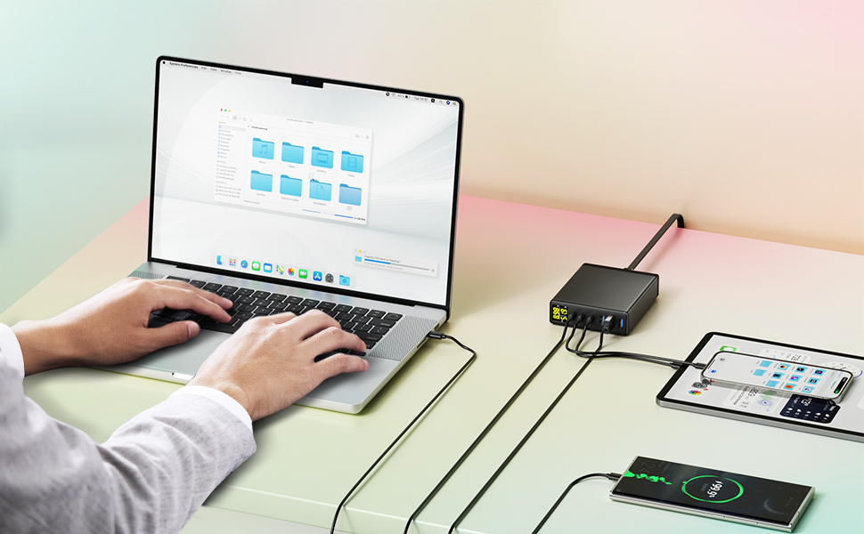 Зарядний пристрій USB-C 160W GaN 6 портів з LED дисплеєм, мережевий адаптер 3x USB-C + 3x USB-A, PPS PD 3.0 для MacBook Pro, iPhone, iPad, Samsung