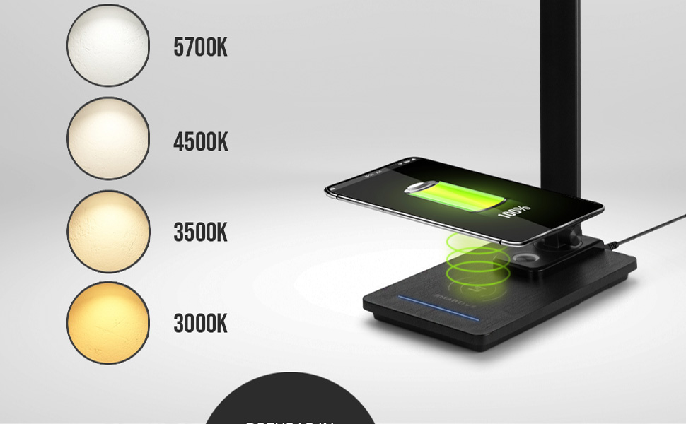 SMARTIVE LED лампа настільна з бездроговою зарядкою - офісна лампа з 10W бездротовою зарядкою, регульоване світло, USB вихід, чорний колір