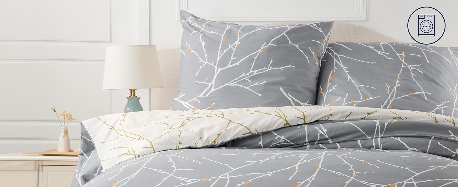 BEDSURE Комплект постільної білизни 135x200, бавовна, 4-х частинний, сірий/бежевий/помаранчевий. Комплект постільної білизни з ковдрою та двома наволочками 80x80 см, з принтом гілок, на блискавці, ÖKO-TEX, комплект постільної білизни