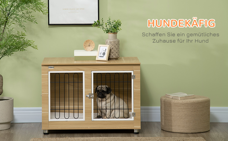 Клітка для собак PawHut з двома дверцятами, подушкою та двома засувками, металева, для дому, 90 x 58 x 65 см, колір дуб