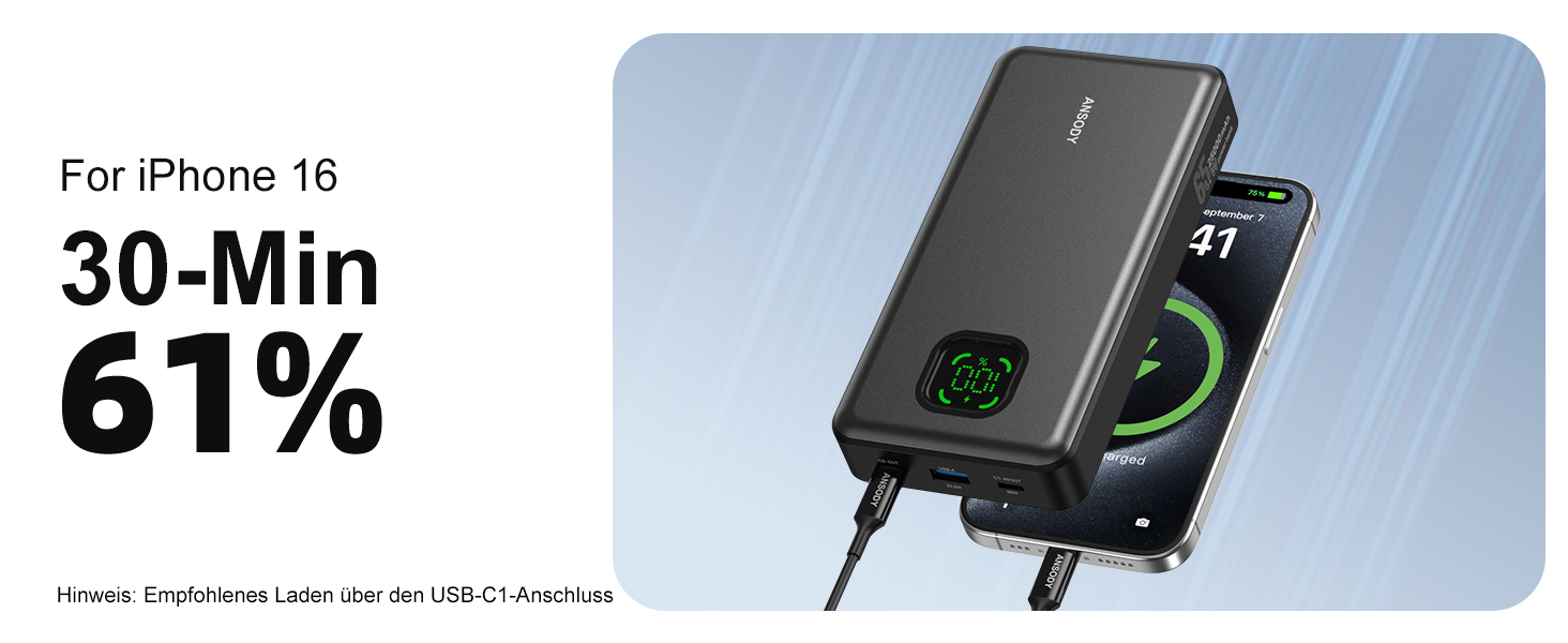 Power Bank 65W 25000mAh Klein Aber Stark для ноутбука та iPhone/iPad: портативний акумулятор з LED дисплеєм, USB-C, сірий