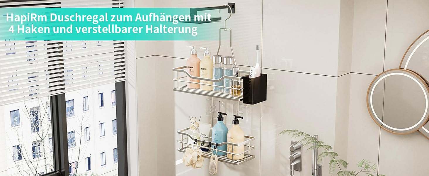 Настінна поличка для душу HapiRm з 4 гачками - регульована, для шампуню та мила, нержавіюча сталь (Sand Nickel)
