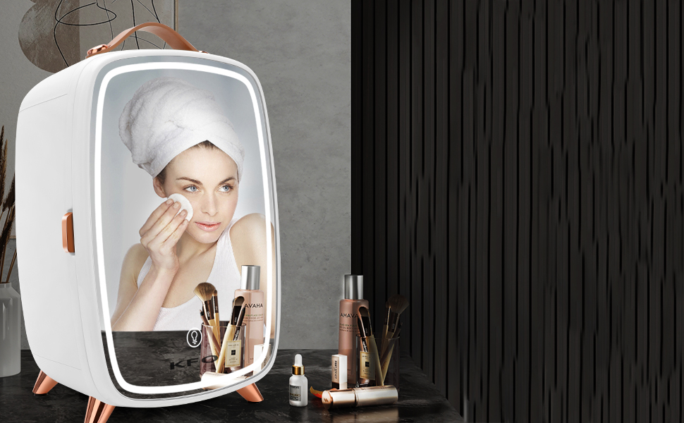 Міні-холодильник KFO Ultra-тихий (20 дБ) з LED-дзеркалом для косметики та напоїв, 220V AC/ 12V DC, термоелектричне охолодження та нагрівання, білий (6 л)