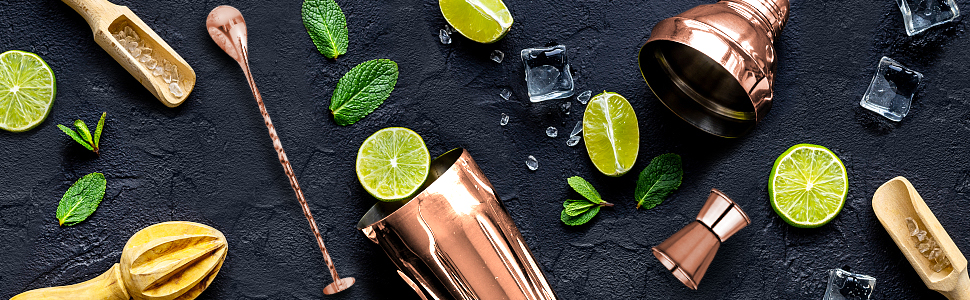 Набір шейкер для коктейлів 750мл з вбудованим ситом - професійний барний набір з мірним стаканчиком та барною ложкою. Для Мартіні, Маргарити та коктейлів (Рожеве золото)