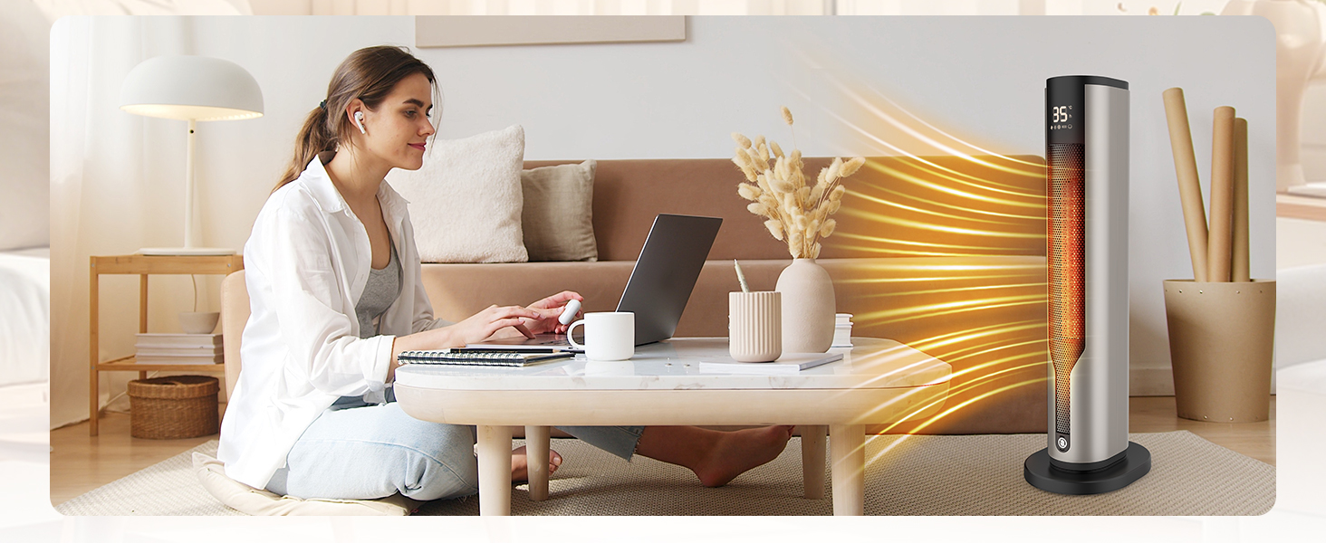 Електричний обігрівач 1500W з PTC керамічним нагрівачем, тихий 34 dB, термостат, таймер 12 год, захист від перегріву та перекидання. Ідеальний для спальні, з пультом дистанційного керування (сірий)