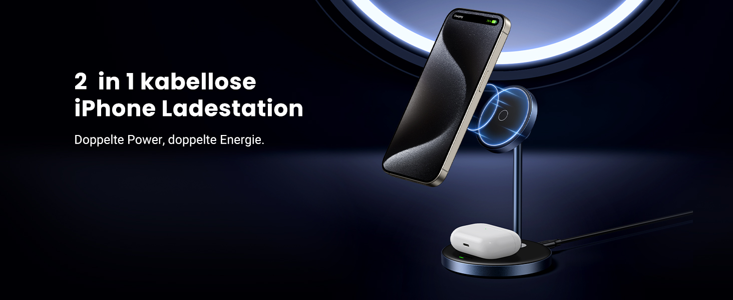 UGREEN MagFlow 2-в-1 Бездротова зарядка для iPhone з MagSafe, 90° регульована, кабель USB-C 1м