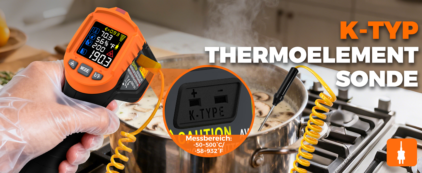 Інфрачервоний термометр лазерний IM06MAX з K-типом зонда (-50°C до 800°C) для промисловості, HVAC, приготування їжі та ремонту авто