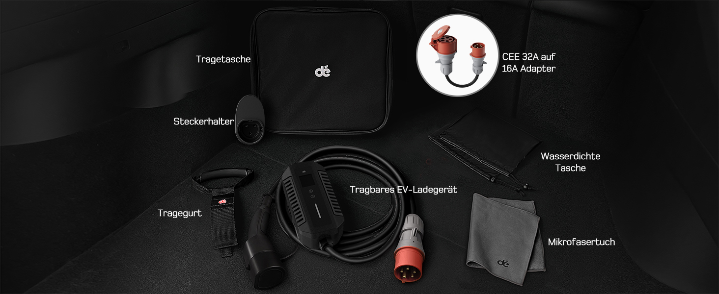Мобільна зарядна станція/Wallbox Dé 11 кВт (3-фазна) з регульованою потужністю, кабель CEE 16A на Typ 2, сумісна з Model Y/3, ID.3/4/5, MG4, EX30, e-up, e-tron, Zoe та інші електромобілі
