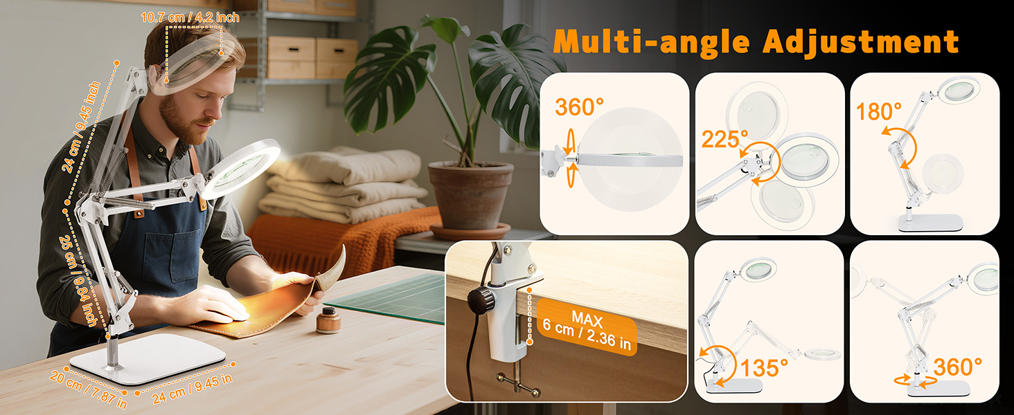 Лампа-лупа Jubor 2-в-1 зі світлом та підставкою, 15x/10x, LED, з кріпленням та основою, 3 режими, регульована яскравість, для хобі, ремонту, майстрів