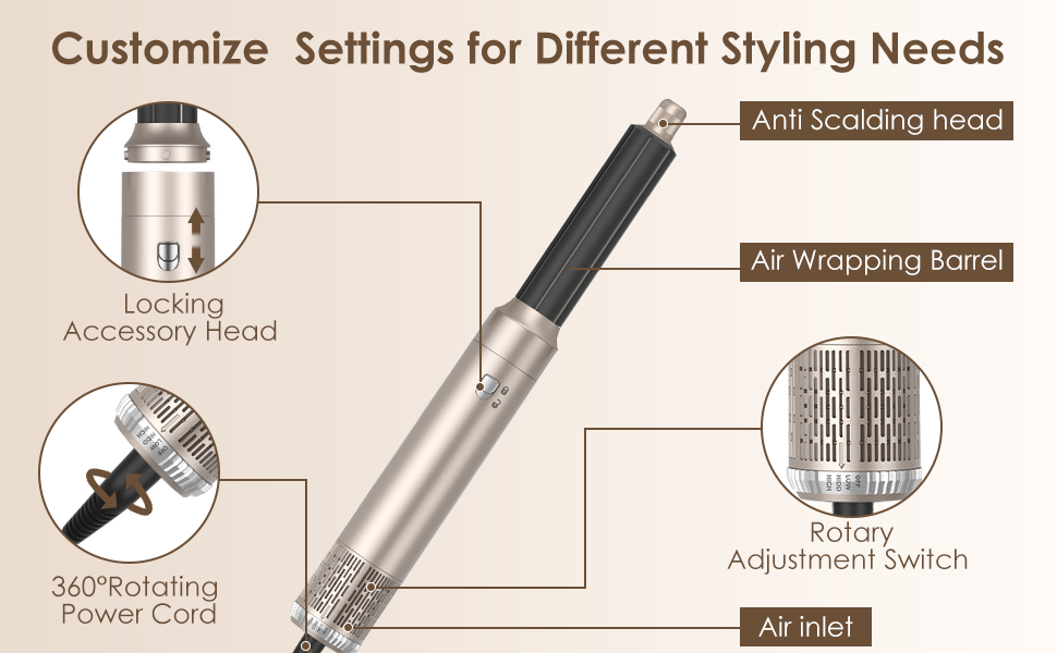 Набір для укладки волосся Airstyler Set: професійний фен-щітка 1000W, 5 насадок, автоматична завивка, випрямлення, об'єм, мультистайл, колір шампань