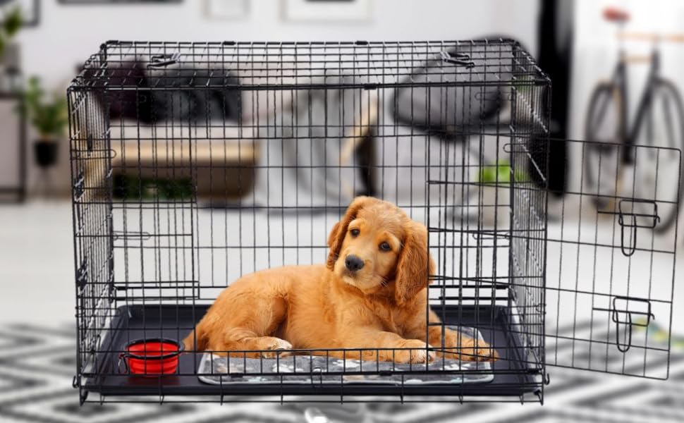 Клітка для собак Arebos | Транспортна переноска для собак, складна | Клітка-переноска для собак з 2 дверцятами | Клітка для собак вдома | Чорний (107 x 71 x 77,5 см)