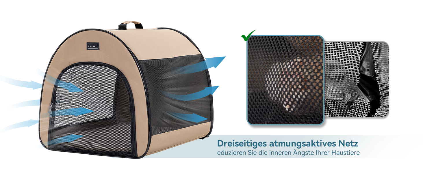Складана переноска для собак Petfit для маленьких собак і котів, портативна та з гарною вентиляцією, для дому, з вигнутим дахом, переноска-ліжко для собак з анти-відкриваючим блискавкою та подушкою (Хакі, M)