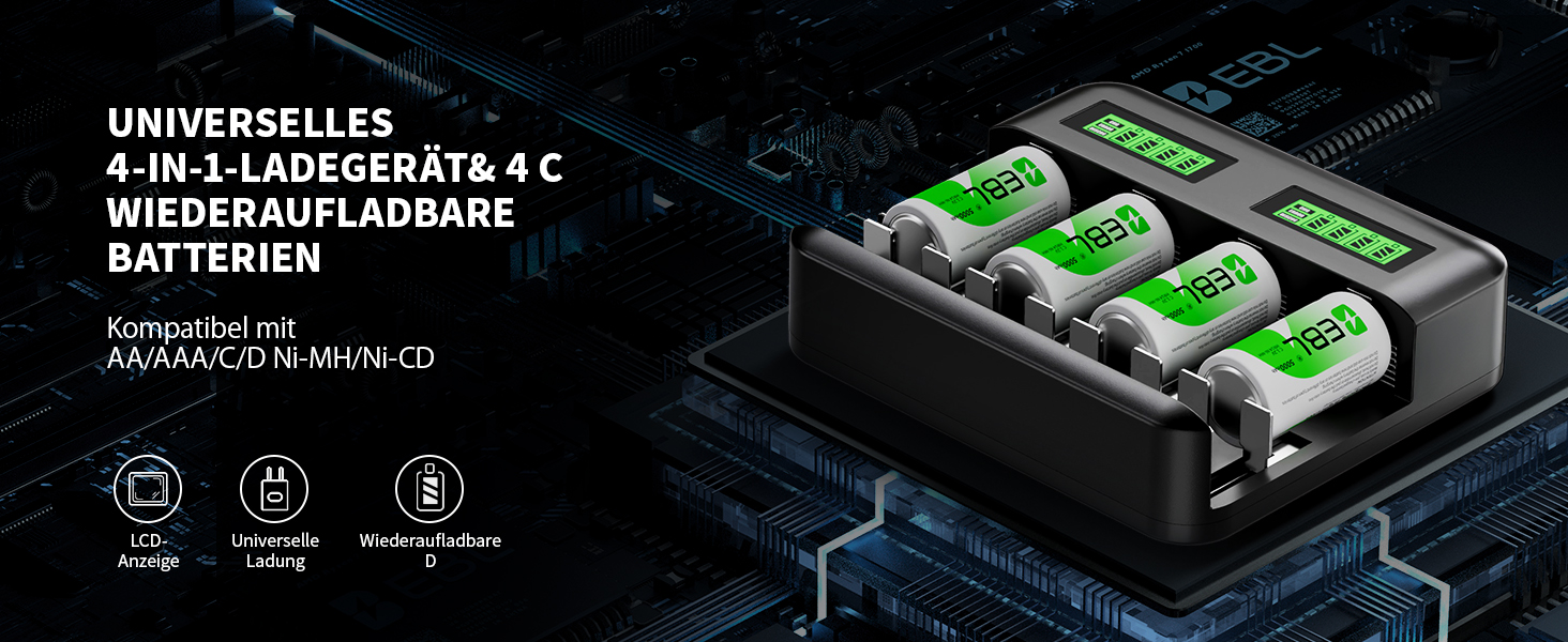 Зарядний пристрій EBL для акумуляторів AA AAA C D NI-MH, Type-C, LCD дисплей, швидка зарядка (зарядний пристрій + 4 x C)