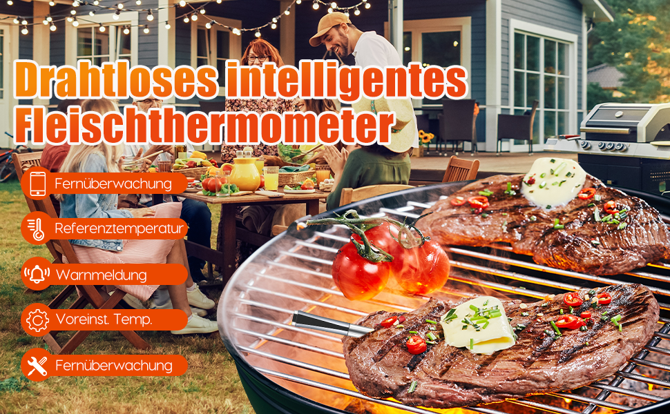 Бездротовий термометр для м'яса, приготування на грилі та в духовці з Bluetooth, таймером та сигналом, для приготування на грилі, в духовці, BBQ, для кухні та гриля EM8
