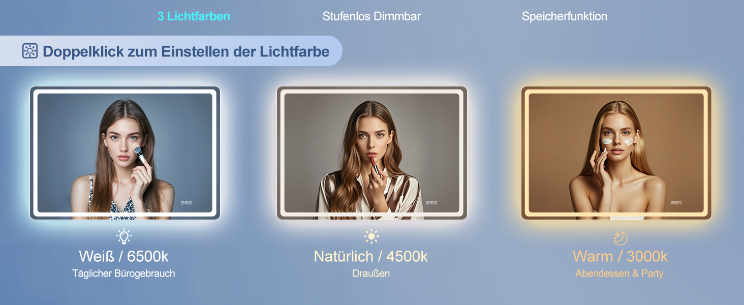 Дзеркало для ванної кімнати зі підсвічуванням STARLEAD 100x70 см з Bluetooth, антизапотівання, регулювання яскравості, 3 кольори світла, пам'ять, IP44, LED, горизонтальне/вертикальне, HD скло, Madrid Silver (M3015)