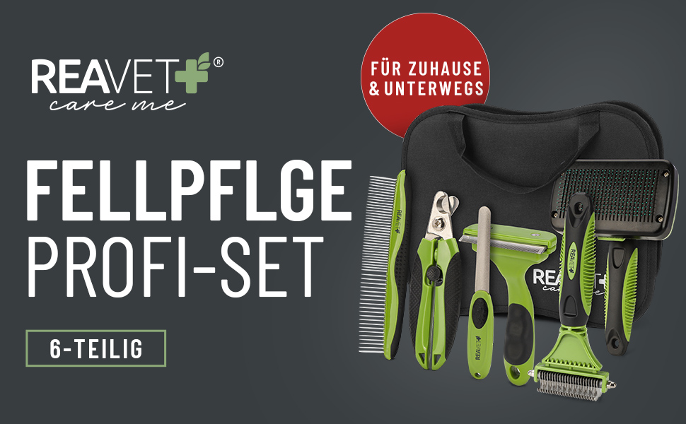 Набір для догляду за шерстю ReaVET для собак та котів (6 предметів) | Щітка для шерсті, знімач ковтунів, щітка для підшерстка, гребінець від бліх, ножиці для стрижки нігтів, сумка для аксесуарів