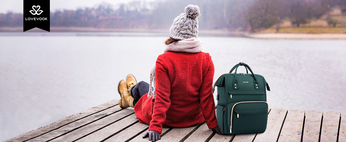 Рюкзак LOVEVOOK для жінок: водонепроникний, з USB-портом, 17' (15.6'), для навчання, роботи, подорожей, сірий/темно-зелений