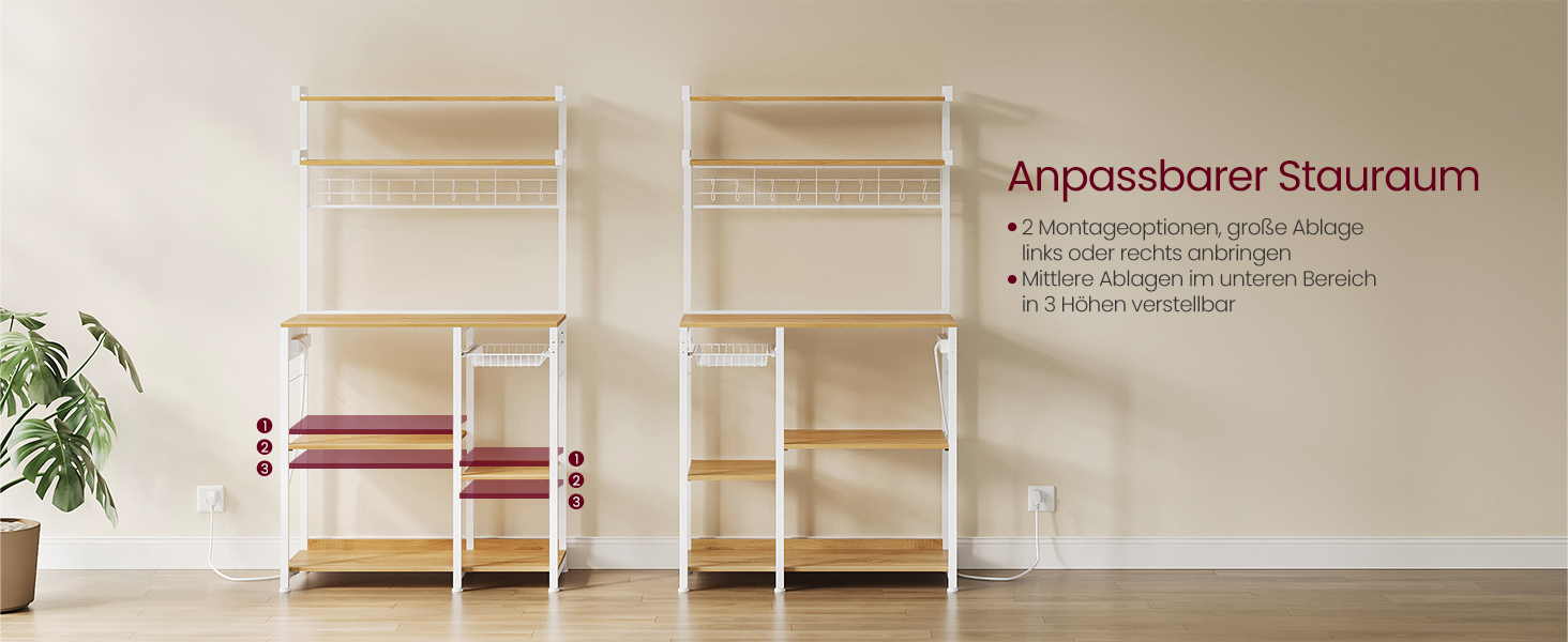 Полиця кухонна VASAGLE з розетками, стелаж для мікрохвильовки, 8 гачків S-подібної форми, кухонний шафчик, органайзер для спецій, 40 x 90 x 165,5 см, коричневий вінтаж та чорний, KKS031K11