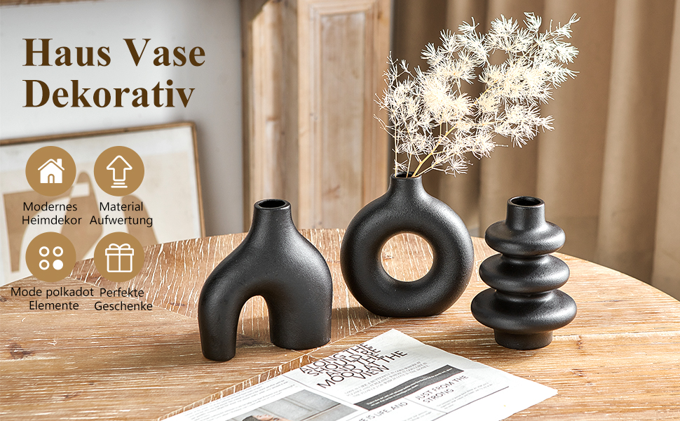 Set of 3 Black Ceramic Vases - Small Pampas Grass Decor, Modern Flower Vases for Home, Wedding & Living Room Centerpieces