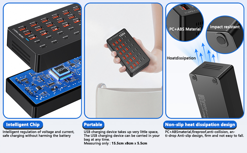 USB-станція зарядки 30 портів 150W USB-C, хаб для iPhone/Samsung/Pixel/планшетів. Мережевий адаптер живлення