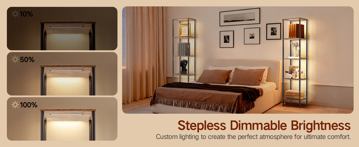 Стійка лампа з полицею, LED, регулювання яскравості, 3 колірні температури, сенсорне та дистанційне керування, полиця для книг, дерев'яна стійка, сучасний дизайн для вітальні, спальні, офісу (Rustic Brown)