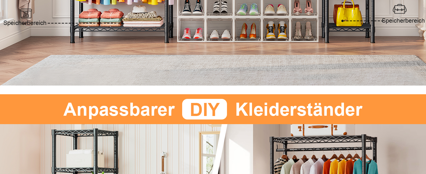 Розширюваний вішак для одягу, металевий гардеробний стійка з регульованими полицями, важкий, чорний