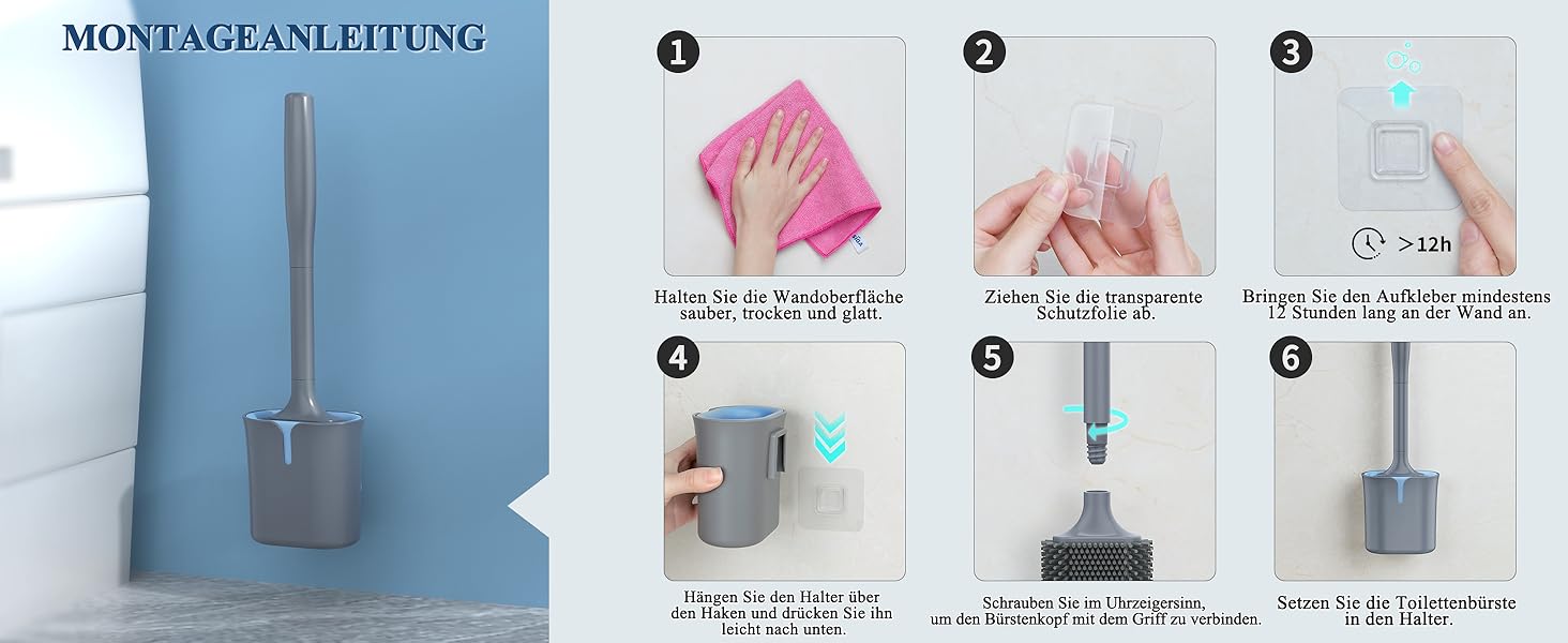 MR.SIGA Набір для туалету: щітка та тримач, кріплення на стіну без свердління, сірий