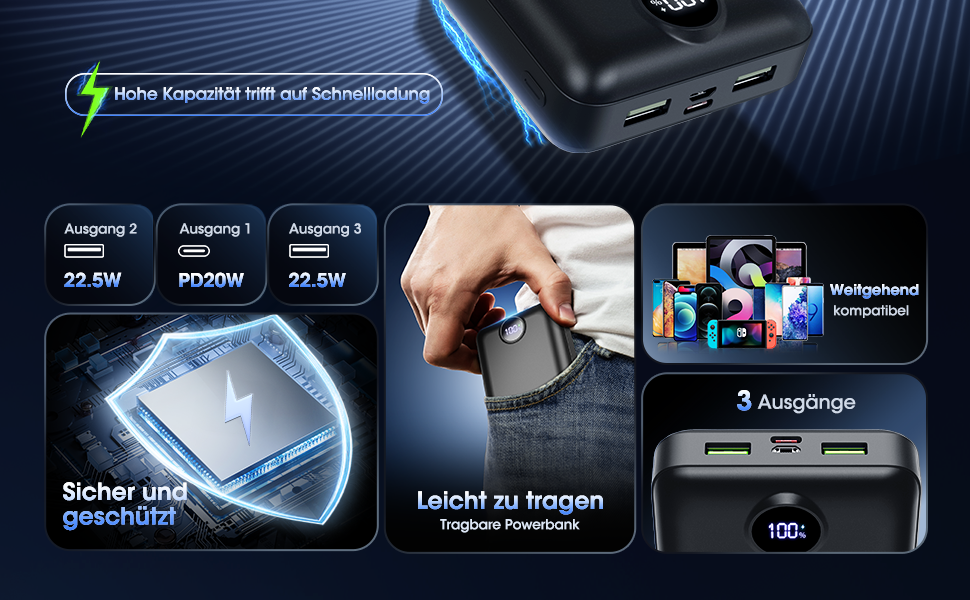 Power Bank 50000mAh з LED дисплеєм: Швидка зарядка 22.5W, USB-C, 3 виходи та 2 входи (Чорний)