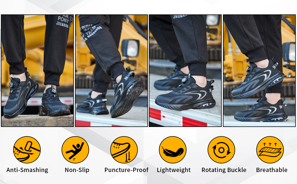Черевики робочі чоловічі/жіночі, захисні, легкі, спортивні, дихаючі, на шнурках/з поворотним затвором, зі сталевим підноском, 47 EU, чорні