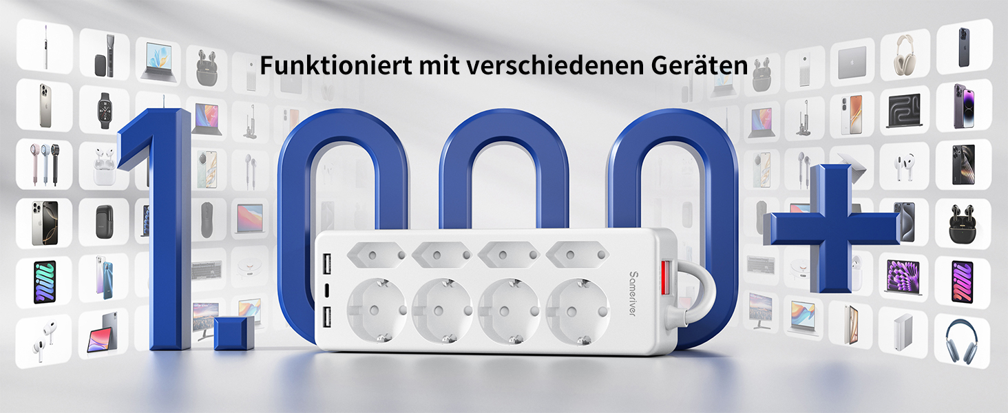 Мережевий фільтр Sameriver на 8 розеток з захистом від перенапруги, 3 USB-порти, вимикач, кабель 3м, білий