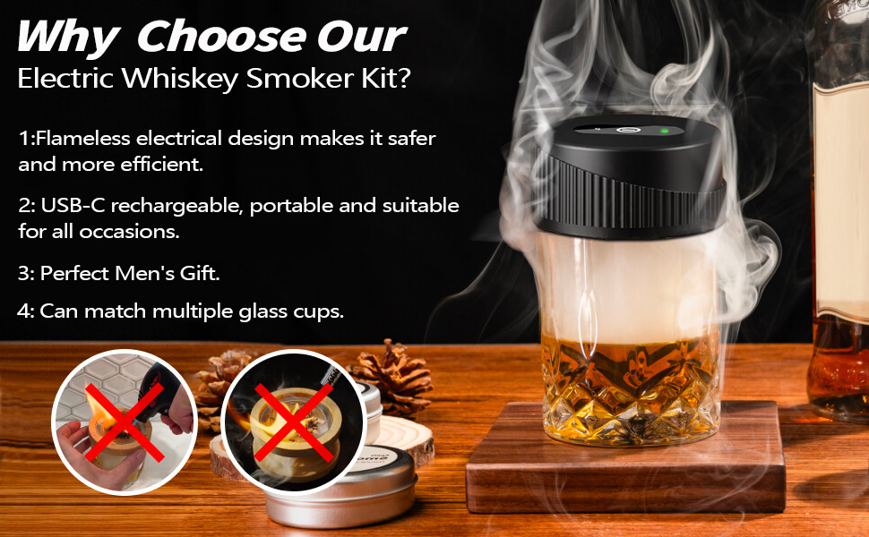Портативний електричний димогенератор для віскі - багатофункціональний набір для коктейлів з 6 дерев'яними трісками (без бутану) з вбудованим запальничкою