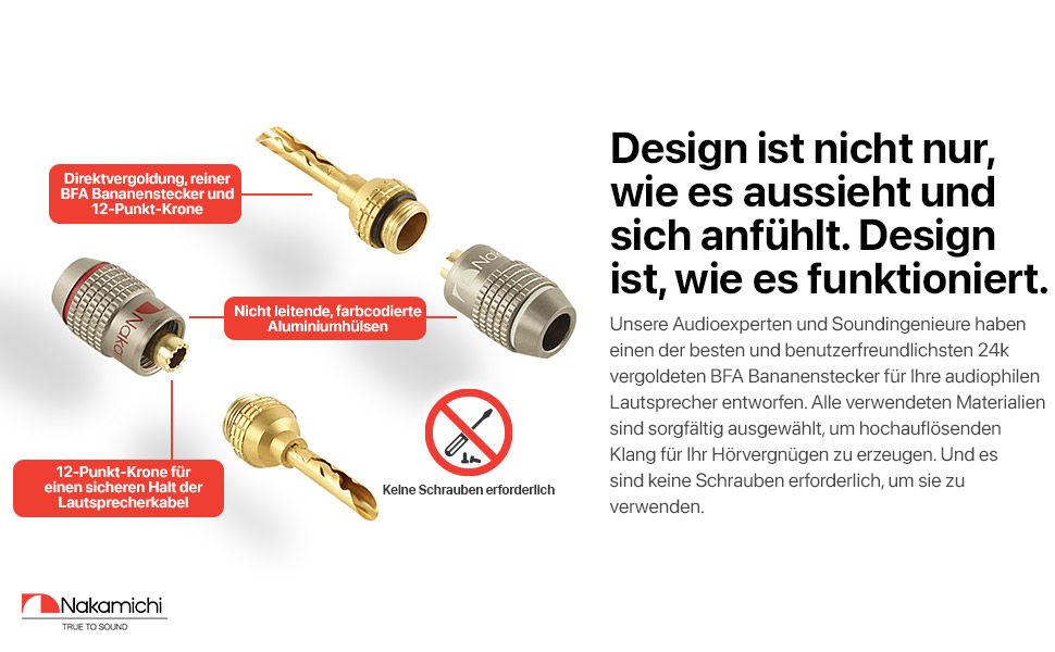 Бананові роз'єми Nakamichi FanLock Excel-Serie, 24K позолочені BFA коннектори для акустичних кабелів 10-18 AWG, 4 мм, для Hi-Fi стерео та домашнього кінотеатру, 4 шт (2 пари)