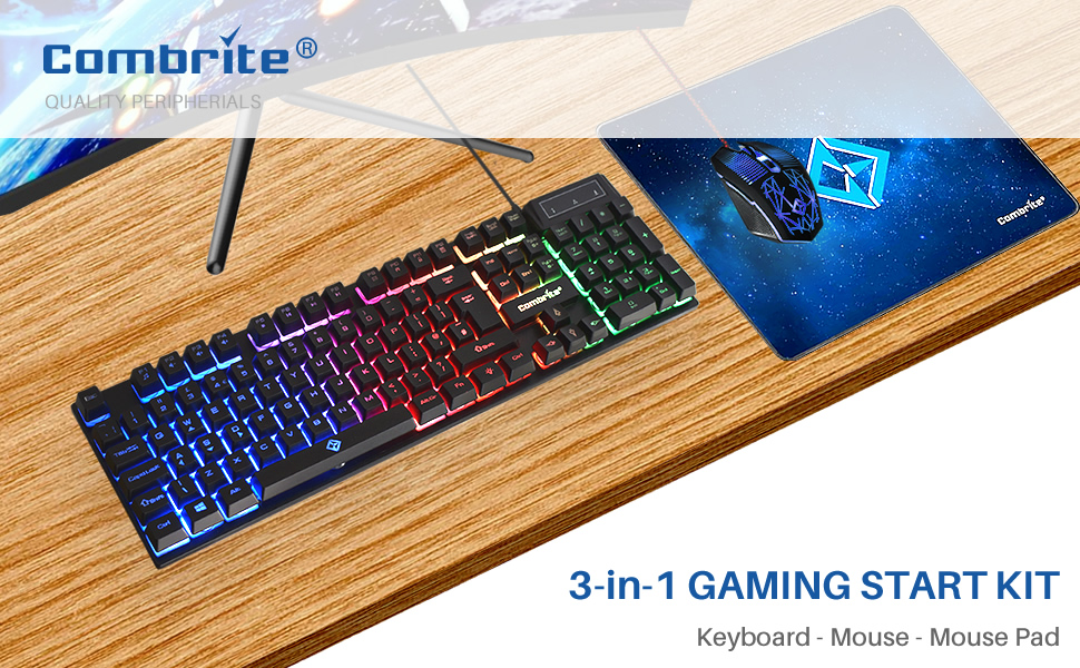 Ігровий набір клавіатури та миші Raptor з великим килимком, RGB-підсвітка, USB, UK-розкладка, для PC, Laptop, PS4, Xbox One, чорний