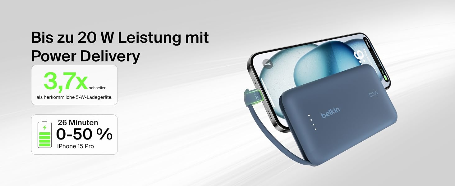 Повербанк Belkin BoostCharge 10000mAh з вбудованим кабелем USB-C, 20W, LED-індикатором, синій
