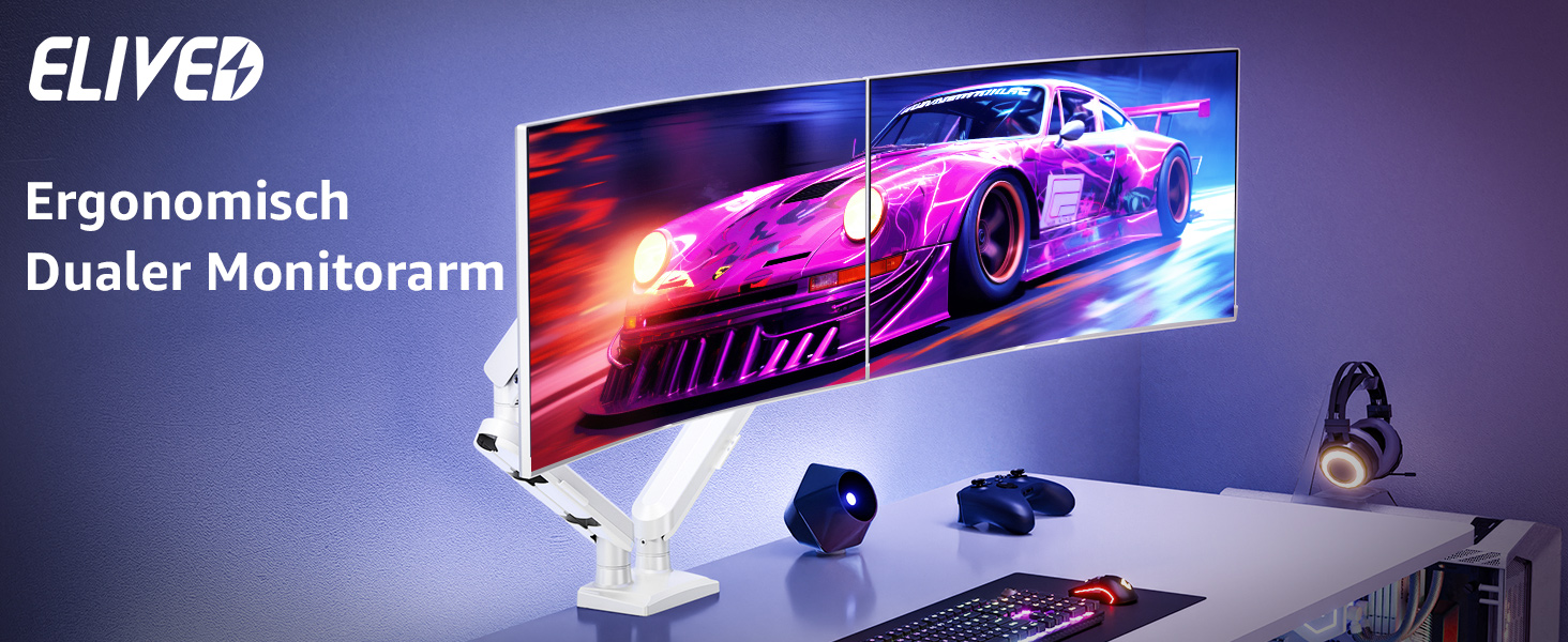 Кріплення для монітора ELIVED EV6012W: підставка для 2 моніторів (13-32 дюйми, 2-9 кг, VESA 75/100mm, регульована, білий)