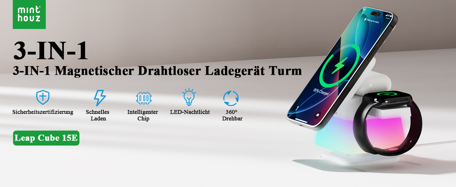 Бездротова зарядна станція 3-в-1 Minthouz Leap Cube 15E, швидка зарядка Qi 15Вт з багатокольоровою підсвіткою для iPhone 16, 15, 14, 13