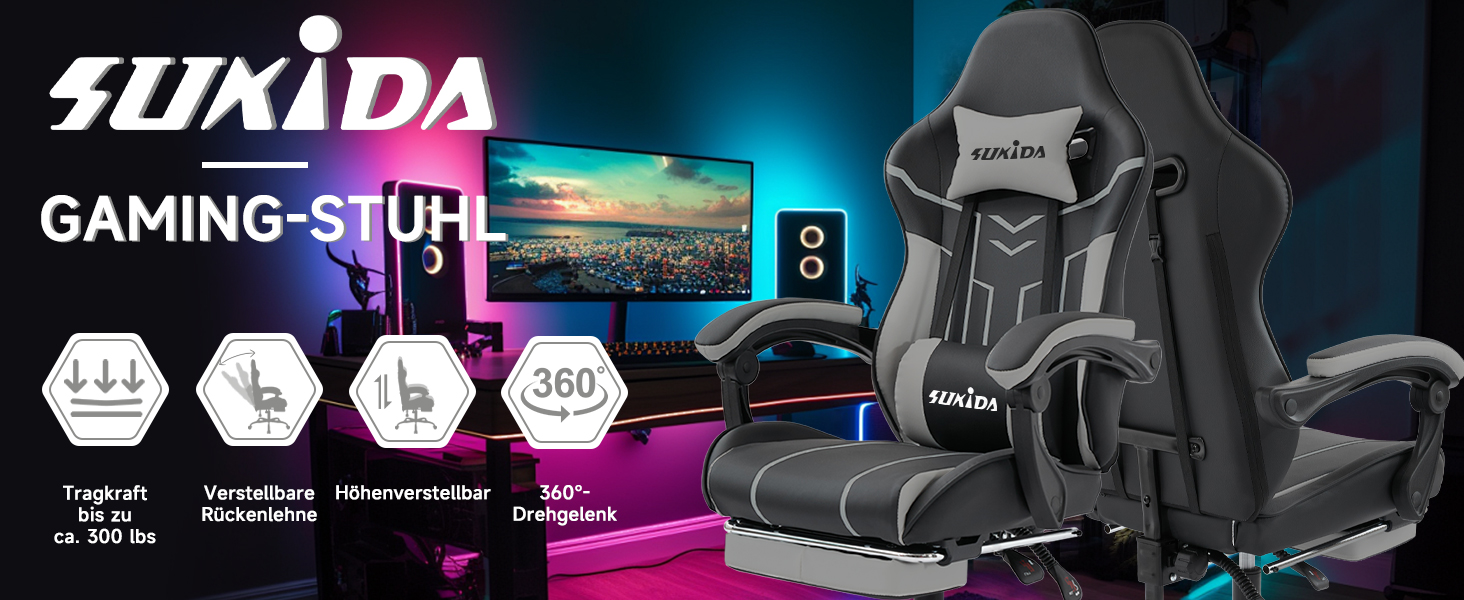 Ігрове крісло SUKIDA Ergonomic Gaming Chair з підставкою для ніг та підтримкою попереку, чорно-сіре