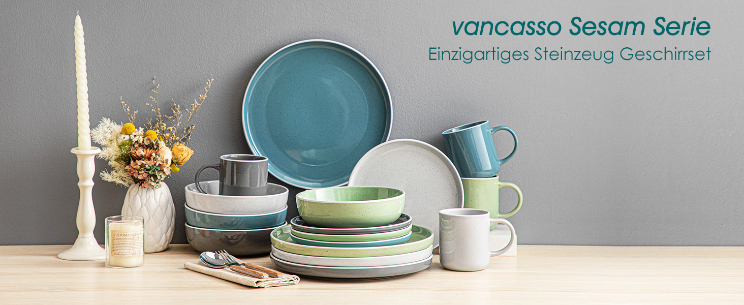 Набір посуду Vancasso SESAM Serie (16 предметів) – керамічний сервіз для 4-12 осіб, скандинавський дизайн (темно-сірий, сірий, блакитний, зелений)