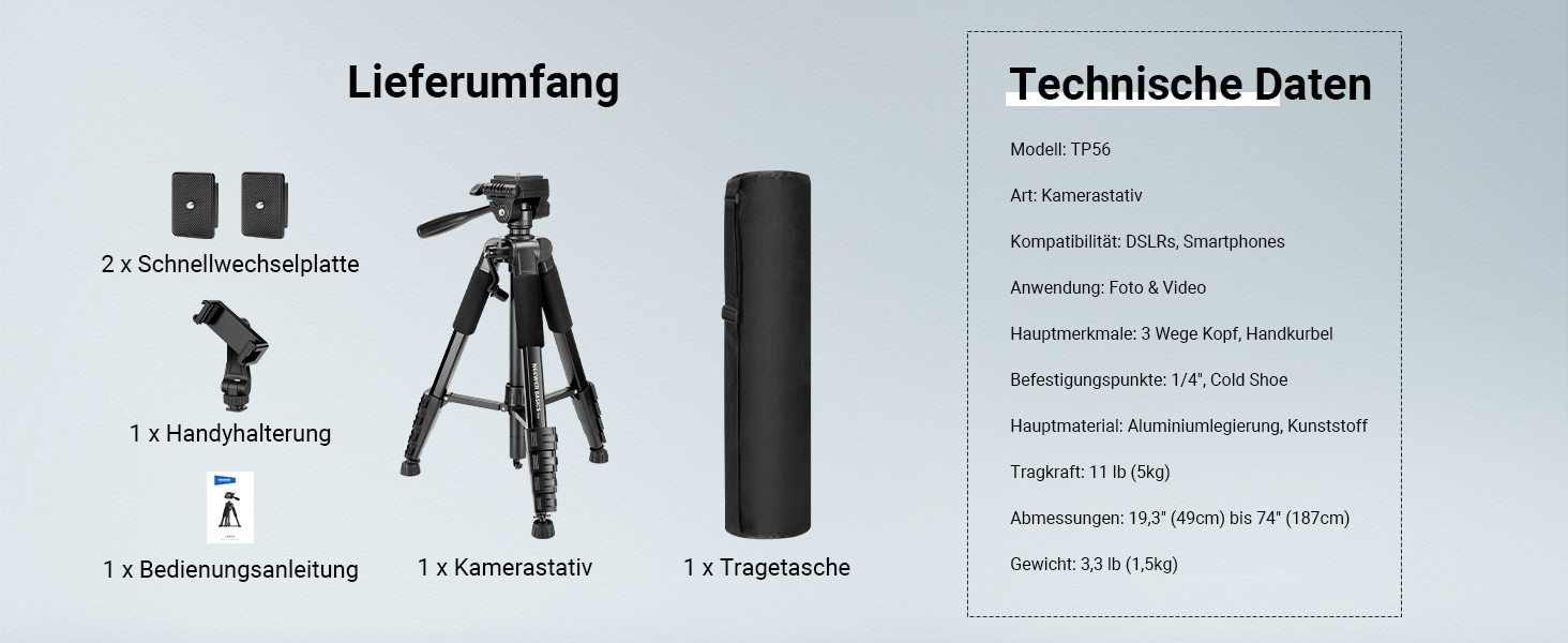 Полегшений алюмінієвий штатив для камери та смартфона NEEWER Basics TP56, професійний компактний трипод для подорожей з 3-позиційною нахильною головкою, висота 188 см