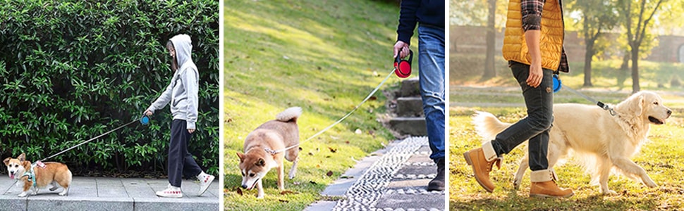 Рулетка для собак CFMOUR, 5 м, до 20 кг, червона, міцна, висувна, для собак маленьких та середніх порід, з нейлоновою стрічкою, стопорним механізмом та замком, бонус - кликер для дресирування