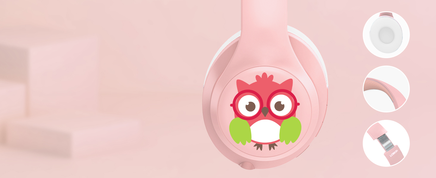 Дитячі навушники LOBKIN Bluetooth Over-Ear з чохлом, рожеві, ANC, складні, регульовані, для школи та подорожей