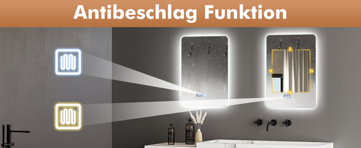 Дзеркало для ванної кімнати з підсвічуванням 50x70 см, з протитуманною функцією, годинником, LED-підсвічуванням, сенсорною кнопкою, функцією пам'яті, 3 кольорами світла, регулюванням яскравості