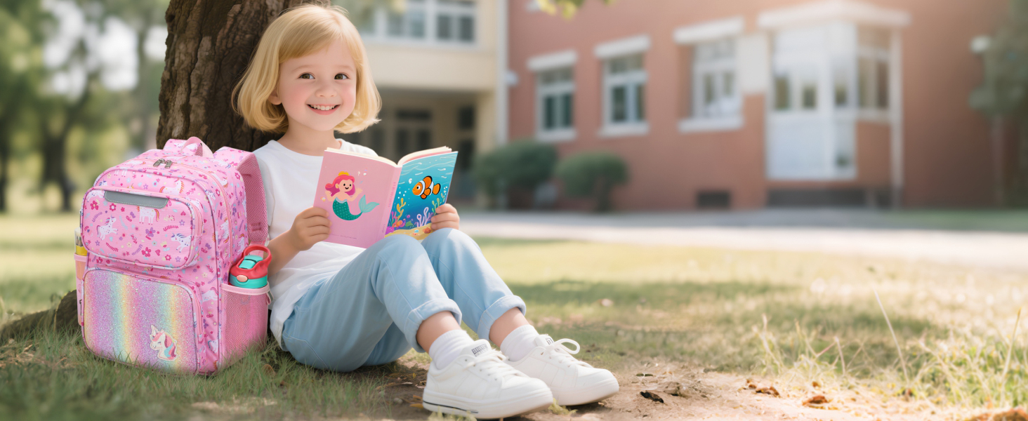 Дитячий рюкзак Bagseri Kinderrucksack для дівчаток 15L, легкий рюкзак для школи та 1-2 класу, з нагрудним ременем та ізотермічним відділенням, сумісний з DIN A4, з світловідбиваючими елементами, Deep Purple Einhorn