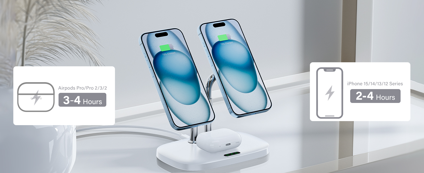 Бездротова зарядка SwanScout для iPhone 17/Air, AirPods Pro 3/2, 2 телефони (біла)