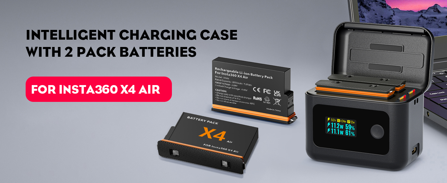 Акумулятори Insta360 X4 Air (2 шт.) з зарядним хабом 24W та LCD-дисплеєм – Treeboy