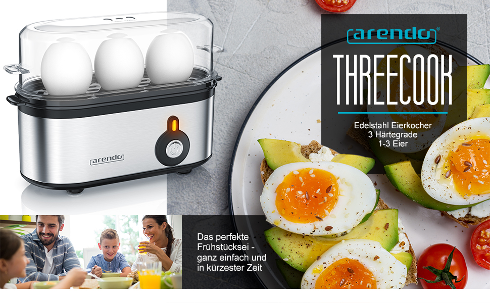 Електричний яйцеварка Arendo Threecook з нержавіючої сталі - 1-3 яйця, регулювання ступеня готовності, безпечний, BPA-free