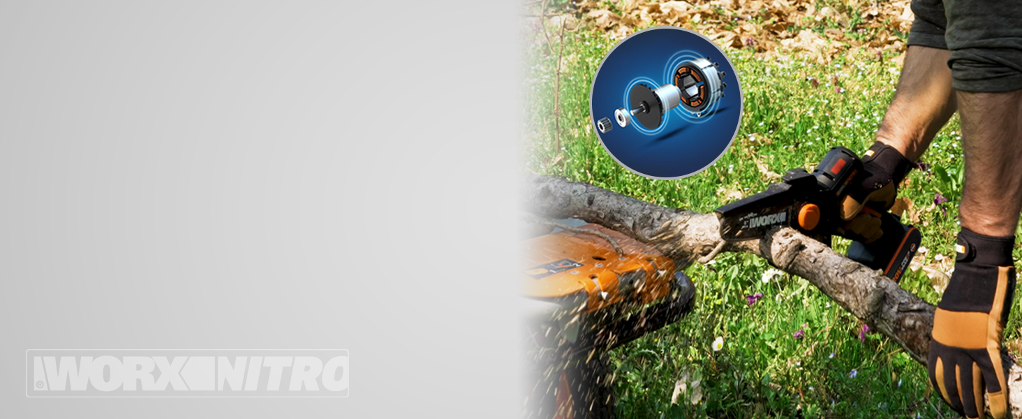 WORX WG325E Nitro Mini акумуляторна бензопила 20V, одноручна пила для гілок, Brushless двигун, 5650 об/хв, довжина різу 12 см, легка та компактна, автоматичне змащення ланцюга (з акумулятором 2Ah та зарядним пристроєм)