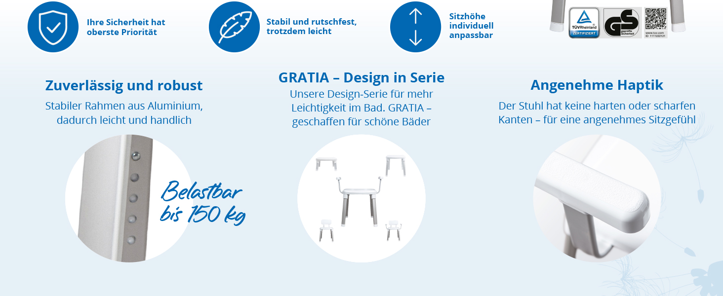 Weinberger Bath Stool Shower Seat with Backrest | Anti-Slip | Supports up to 150 kg | Modern Bathroom Aid for Seniors | Height Adjustable | Model 43906 | White (Bath Stool with Armrests)